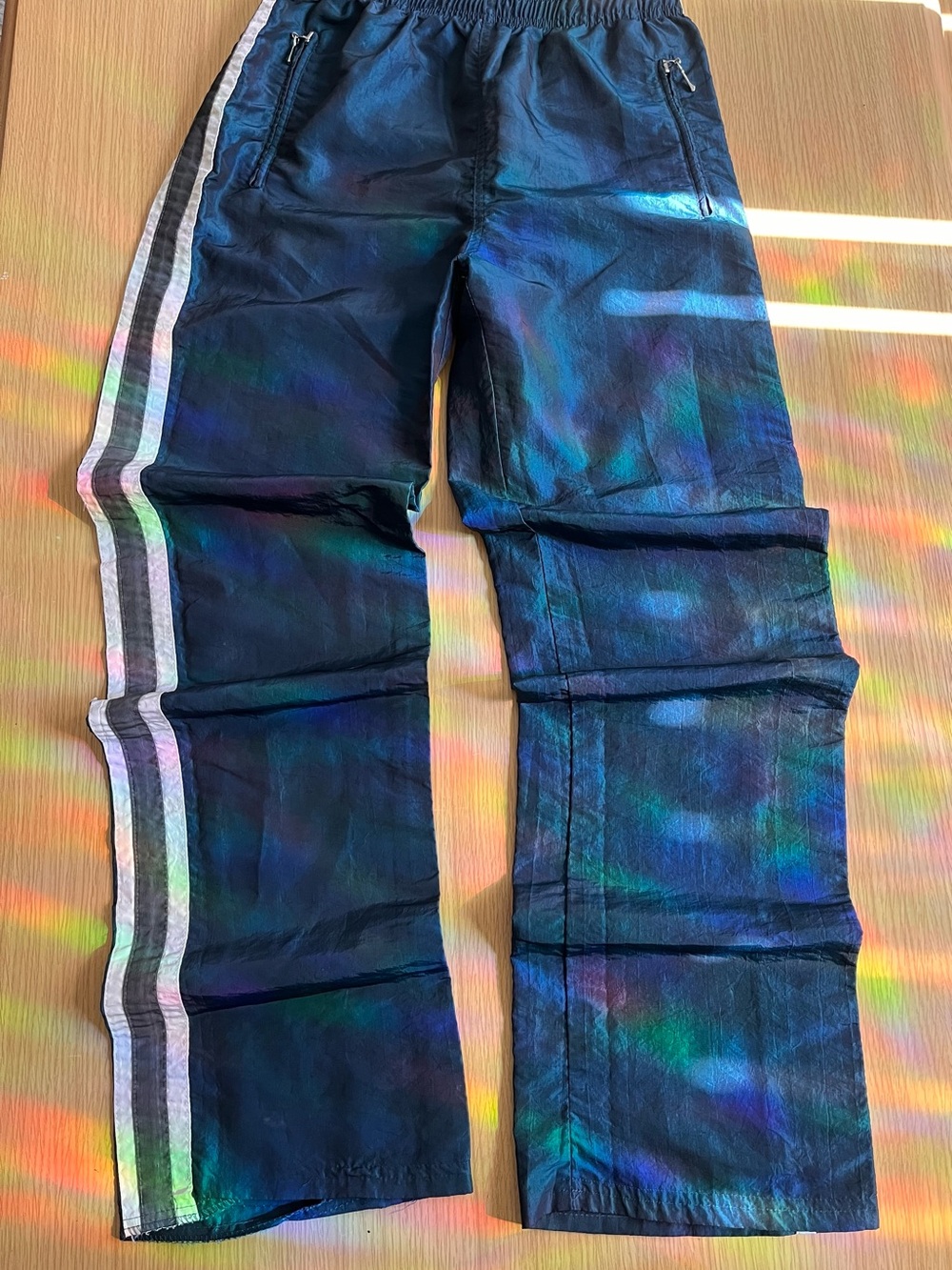 Women's vintage 90s Iridescent Green/Blue Track Pants with Side Stripes